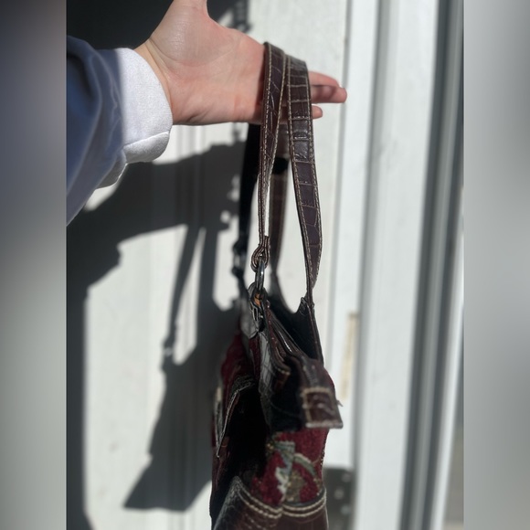 VTG Y2K Cottagecore Maroon Carpet Bag Tapestry purse w/ brown Croc faux leather - Picture 10 of 16